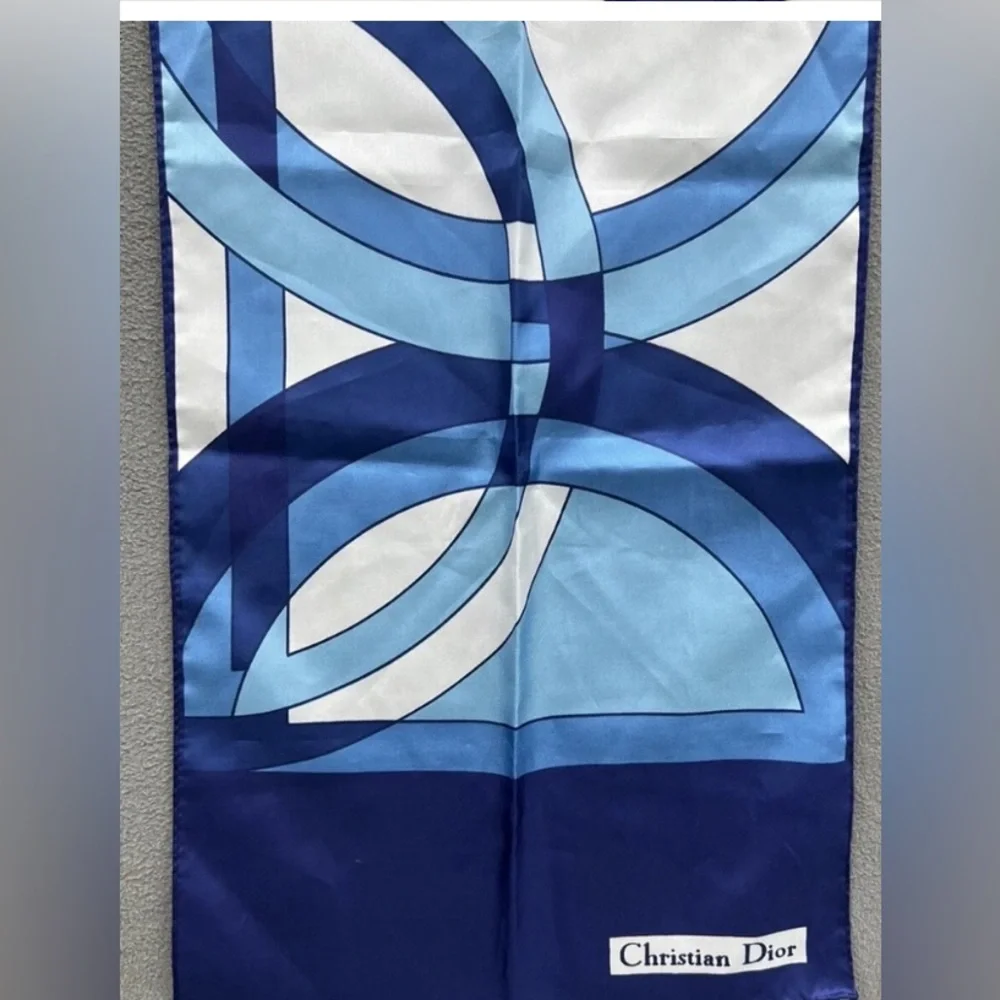 Vintage Christian Dior Satin Scarf Blue White Geometric Rectangular 43